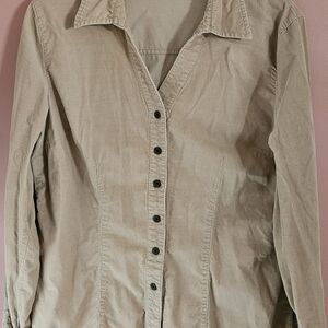 St. John's Bay Corduroy V-neck Button Down Women's Shirt Size Large Khaki
